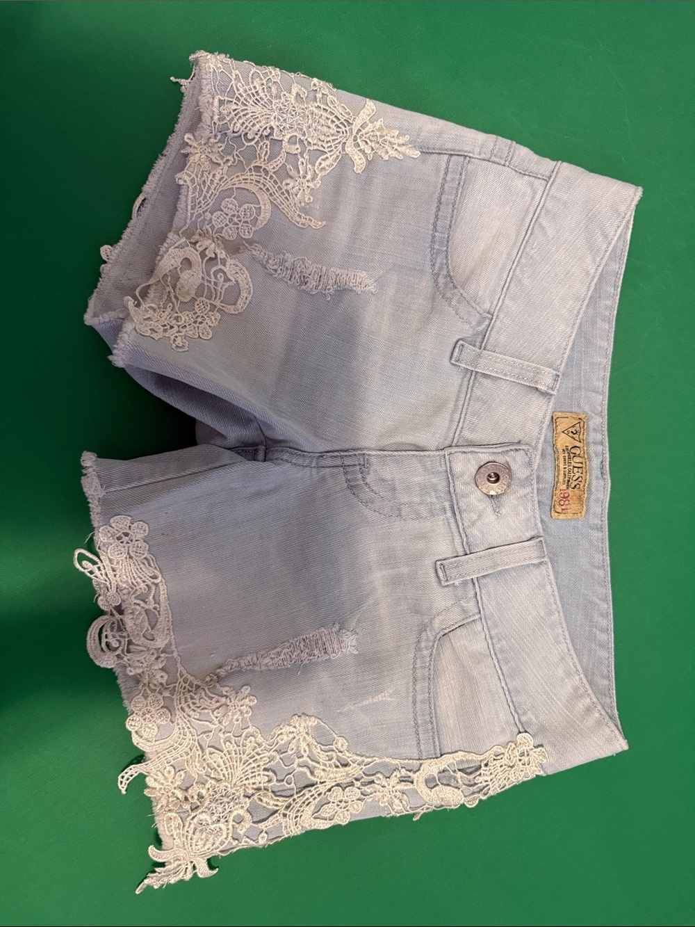 Guess by Marciano Pale Blue Denim Shorts with White Lace Trim